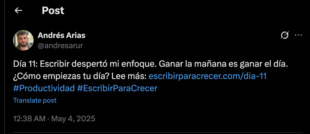 Día 11: Escribir despertó mi enfoque. Ganar la mañana es ganar el día. ¿Cómo empiezas tu día? Lee más: https://escribirparacrecer.com/dia-11 #Productividad #EscribirParaCrecer