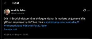 Día 11: Escribir despertó mi enfoque. Ganar la mañana es ganar el día. ¿Cómo empiezas tu día? Lee más: https://escribirparacrecer.com/dia-11 #Productividad #EscribirParaCrecer
