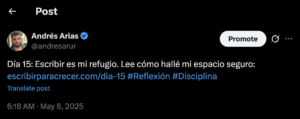 En el Día 15, la escritura fue mi refugio. Crea tu espacio seguro con Escribir para Crecer.